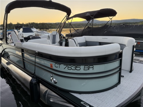 HARRIS Sunliner 230 Sport Pontoon boat, curved bow side panel, metal surface Lettering from Steven S, CT