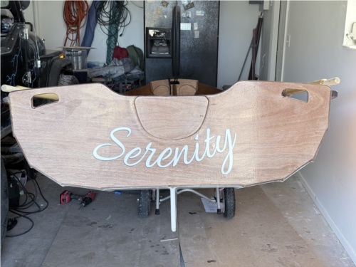 CLC Passagemaker Stern of my boat. Epoxied Marine plywood and varnish  Lettering from Gregory D, FL
