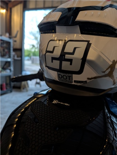 Back of my motorcycle helmet.  Lettering from Eddie Z, TX